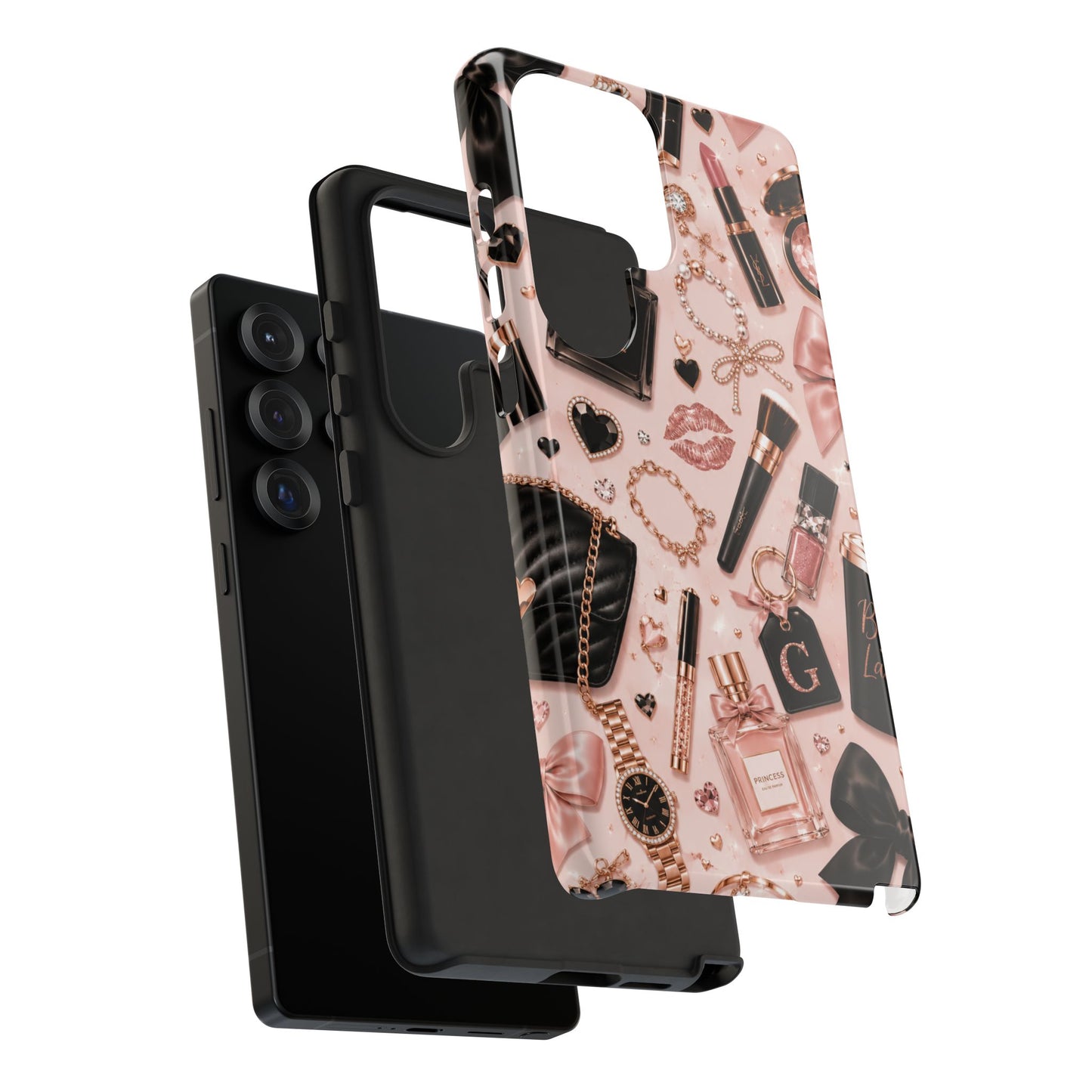 Sunflower Porch Co Glam Makeup Pattern Phone Case | Rose Gold Cosmetics, Perfume, Lipstick