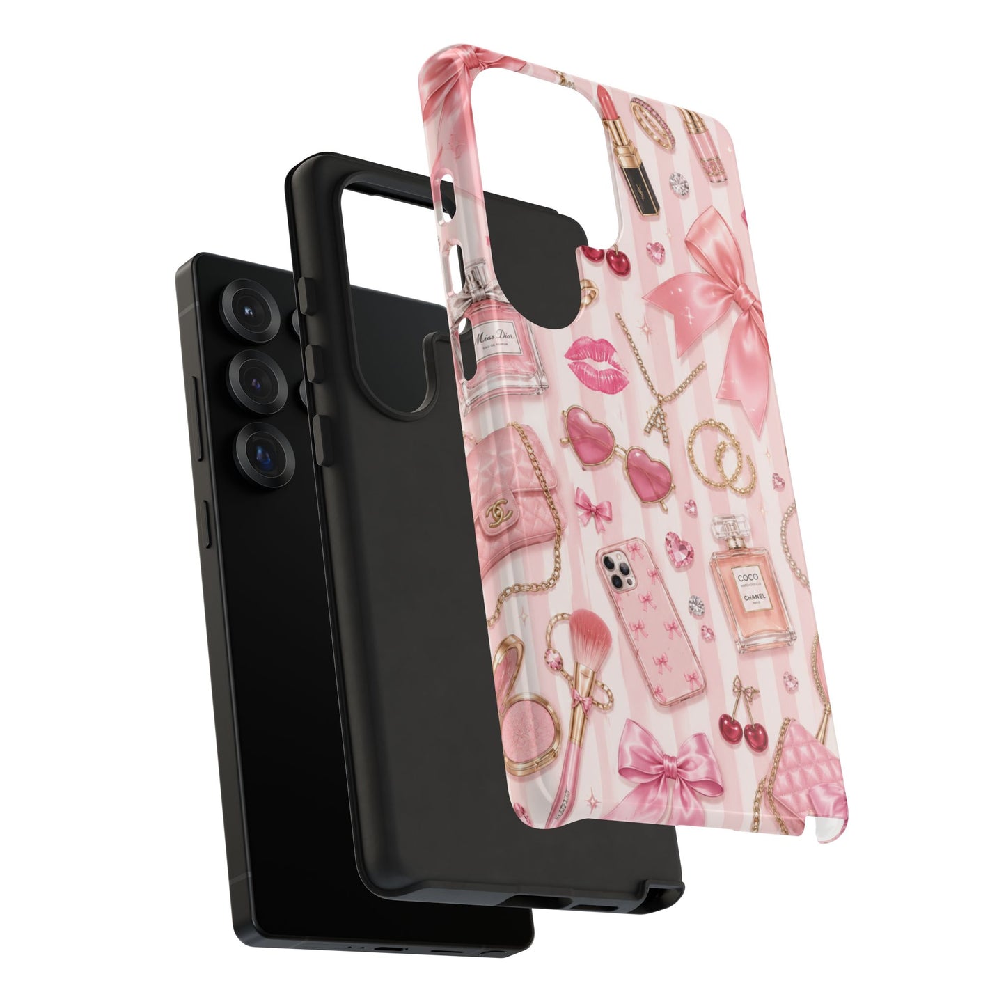 Pink Glam Pattern phone case | Makeup, bows, perfume, lipstick design