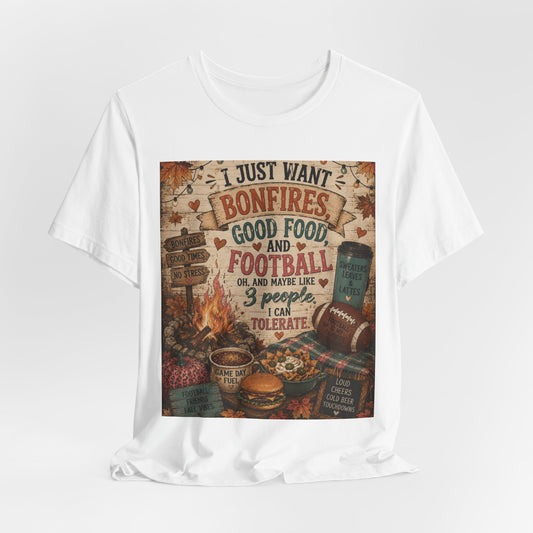 Sunflower Porch Co Bonfires Good Food and Football Tee | Fall Campfire Typography Shirt
