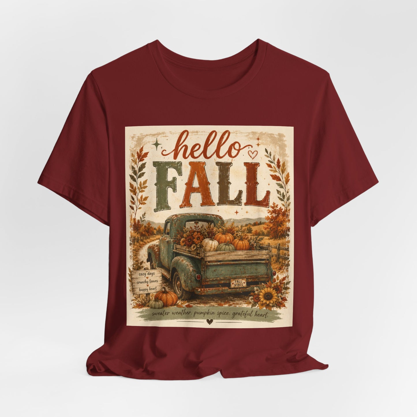 Sunflower Porch Co Hello Fall Vintage Truck T-Shirt | Pumpkin Harvest Autumn Tee