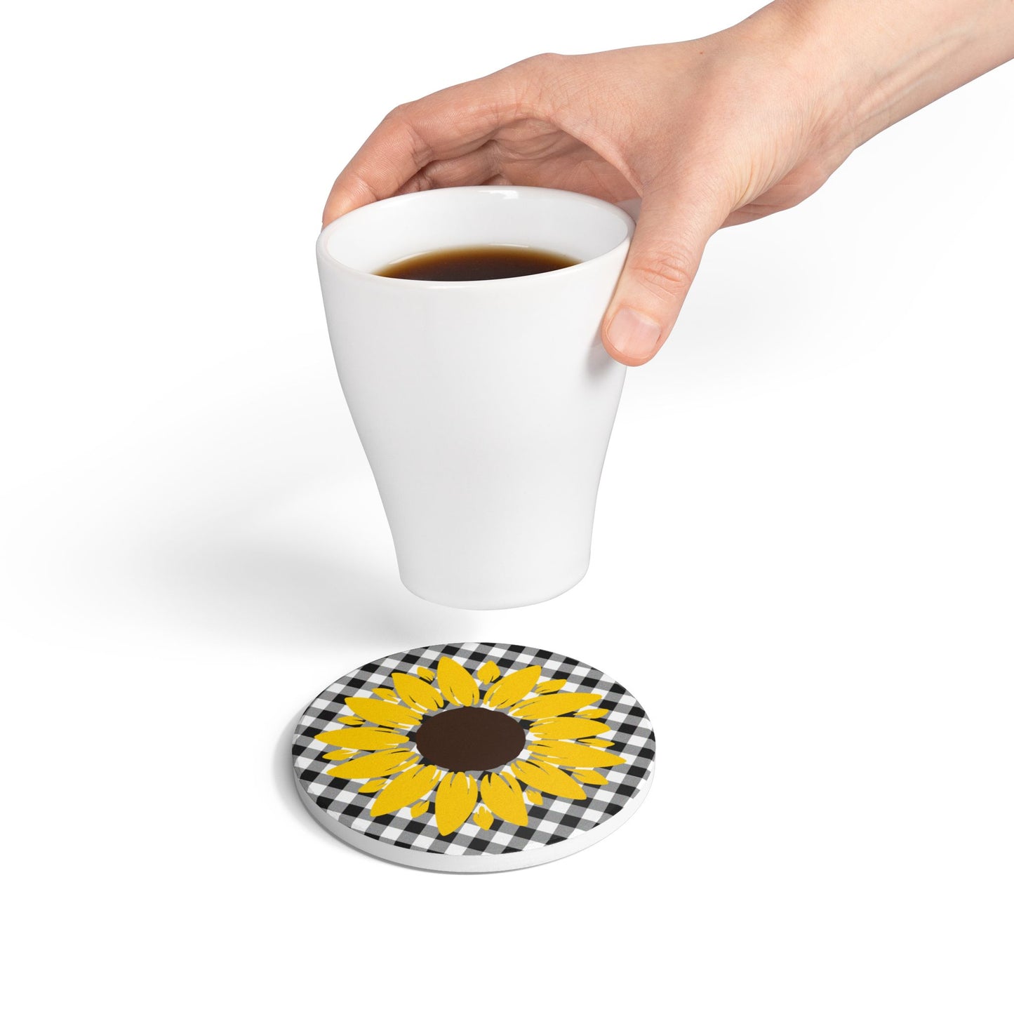 Yellow Sunflower on Buffalo Check Ceramic Coaster | Cork Back