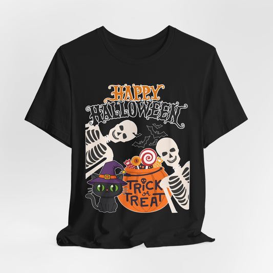 Happy Halloween skeletons, black cat, trick or treat tee
