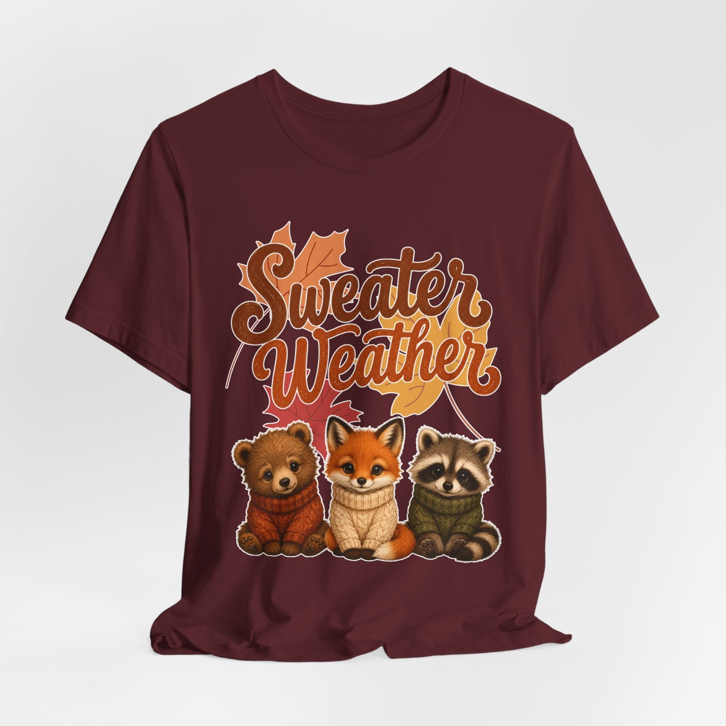 Sweater Weather woodland animals Tee | Fox Bear Raccoon fall leaves