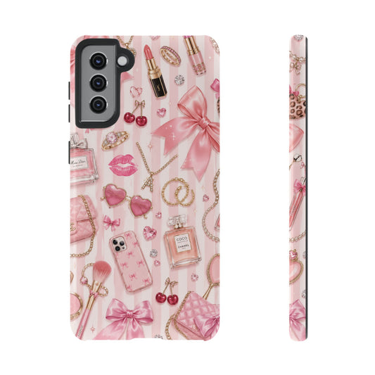 Pink Glam Pattern phone case | Makeup, bows, perfume, lipstick design