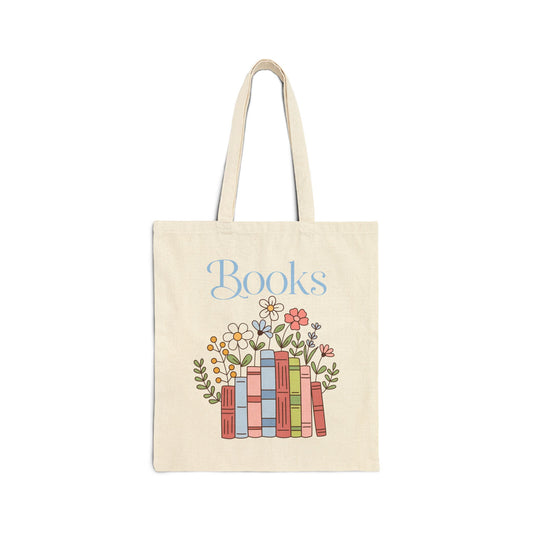 Floral Books Stack Tote Bag | Booklover Canvas Tote, Reading Library Illustration