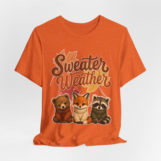 Sweater Weather woodland animals Tee | Fox Bear Raccoon fall leaves