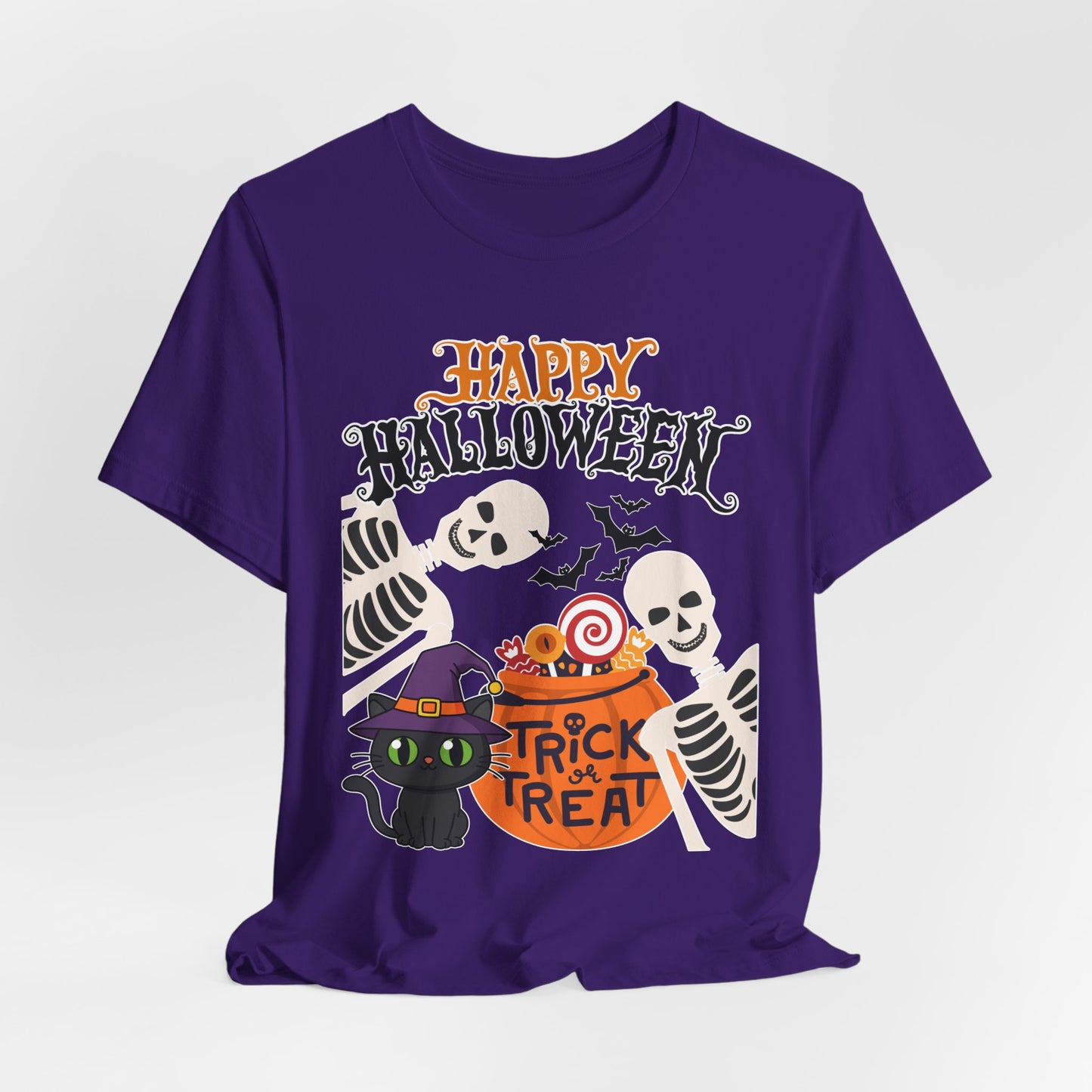 Happy Halloween skeletons, black cat, trick or treat tee