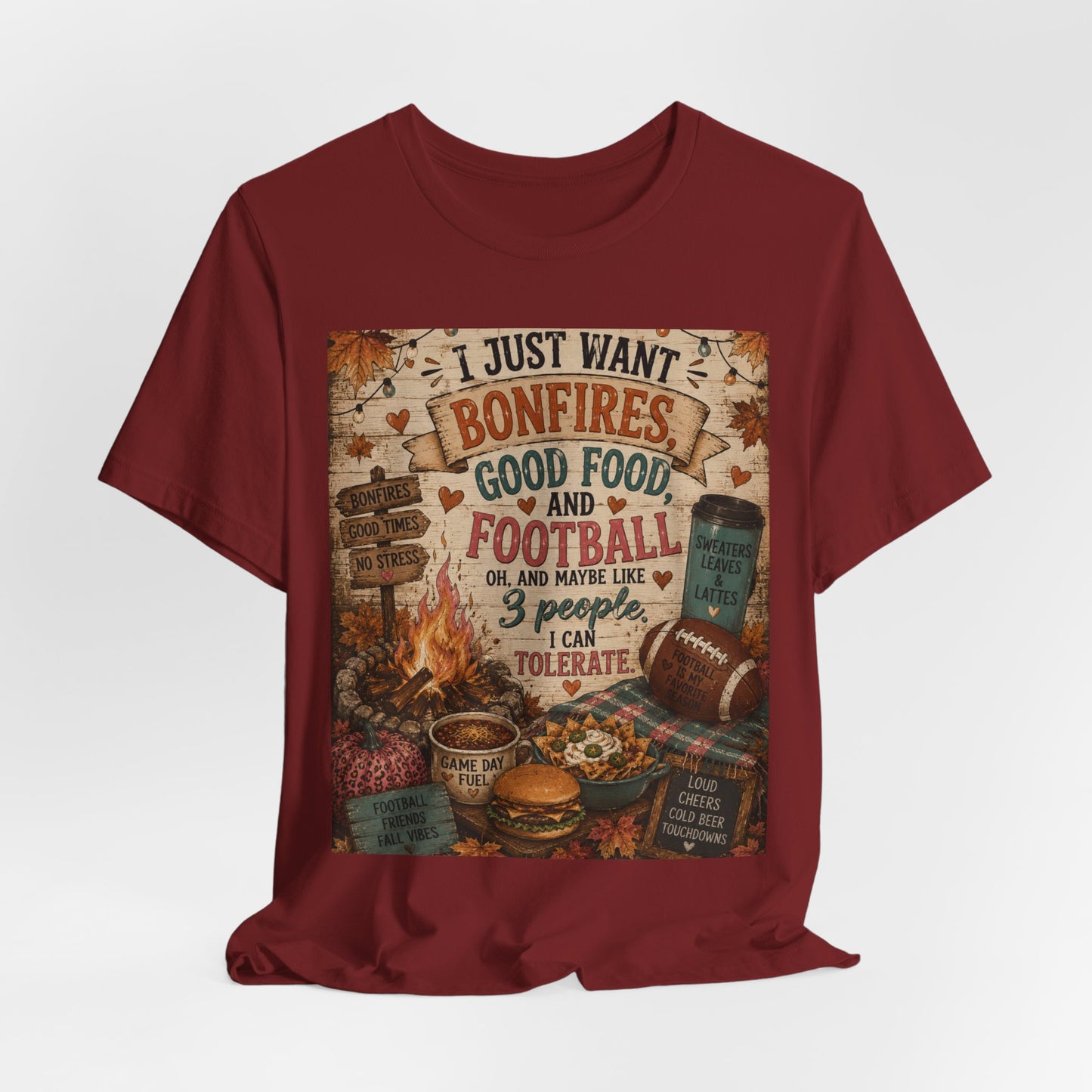 Sunflower Porch Co Bonfires Good Food and Football Tee | Fall Campfire Typography Shirt