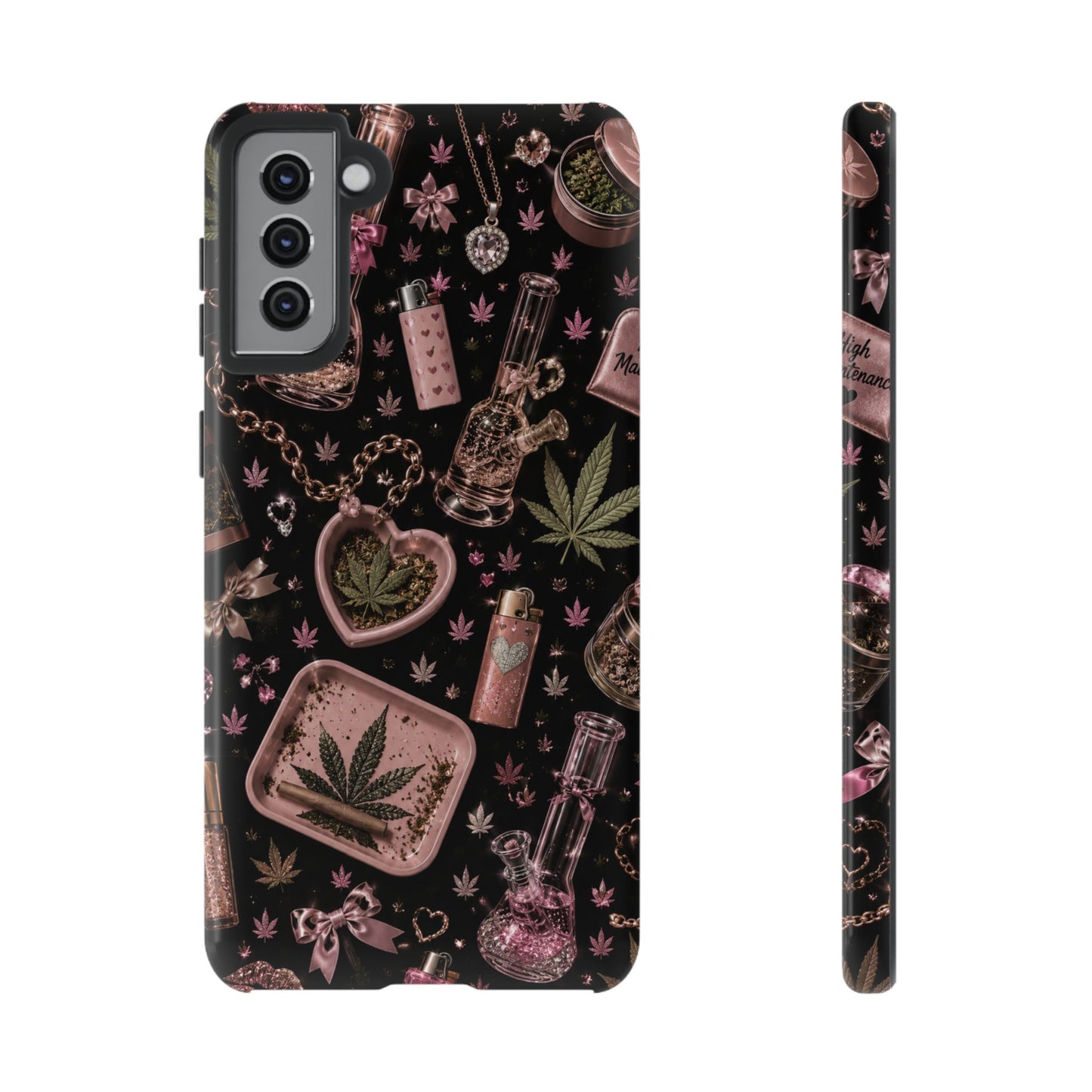 Sunflower Porch Co Pink Cannabis Pattern Tough Case | Weed Leaf Phone Case, Grinder & Lighter Design