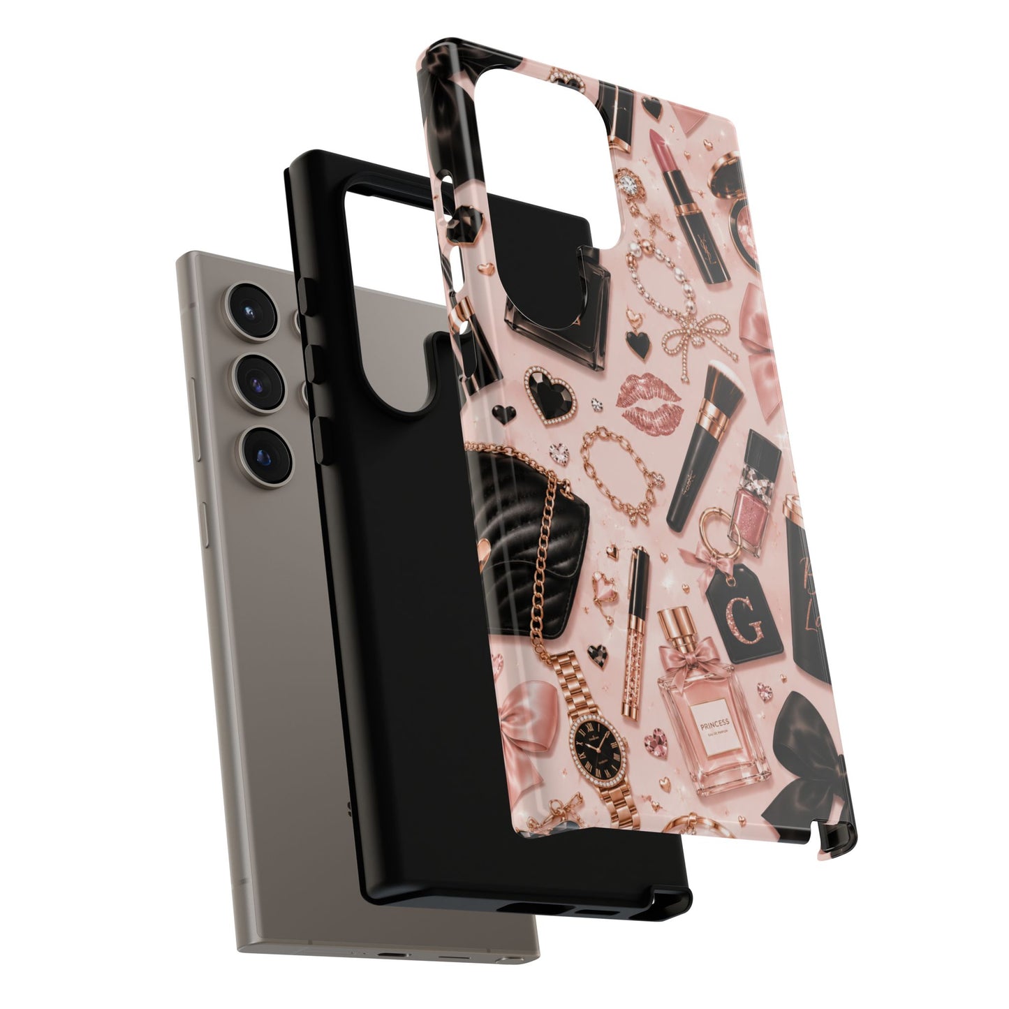 Sunflower Porch Co Glam Makeup Pattern Phone Case | Rose Gold Cosmetics, Perfume, Lipstick