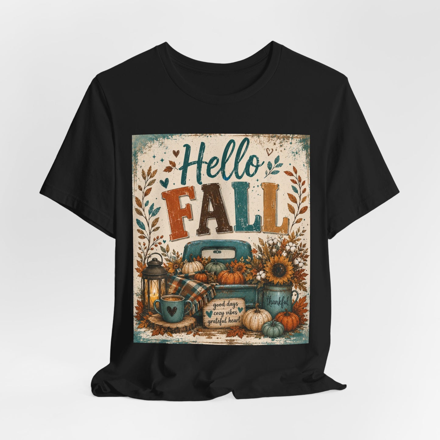 Sunflower Porch Co Hello Fall Truck Tee | Pumpkin, Sunflower, Rustic Autumn Design