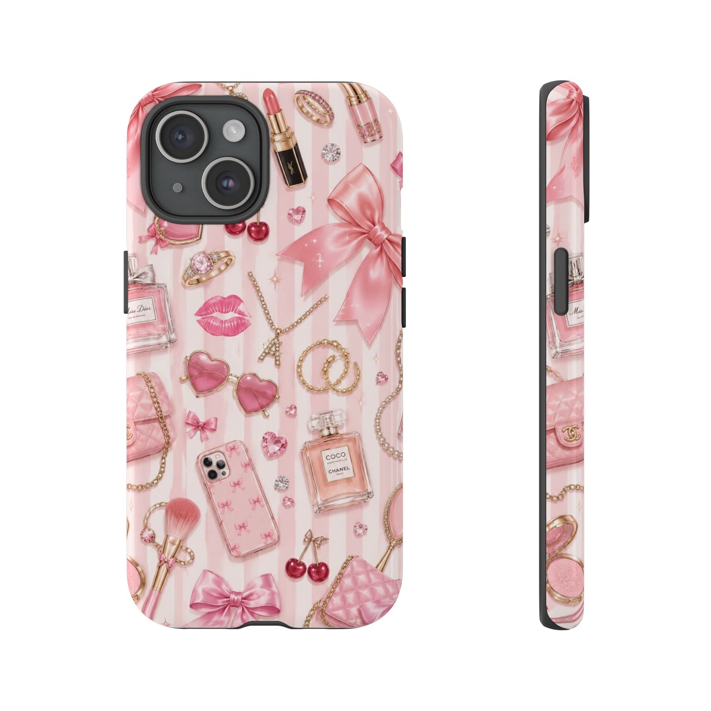 Pink Glam Pattern phone case | Makeup, bows, perfume, lipstick design