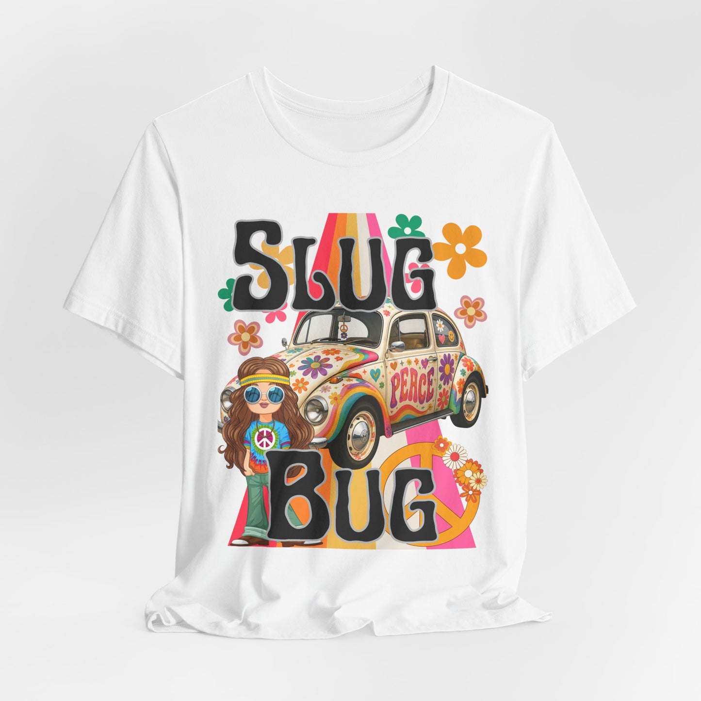 SunflowerPorchCo Hippie Peace Beetle Slug Bug Tee | Retro VW Bug, Flower Power Design