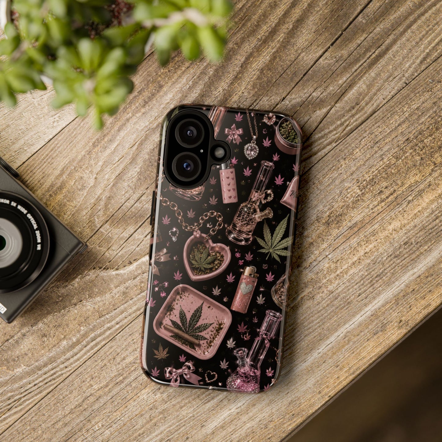 Sunflower Porch Co Pink Cannabis Pattern Tough Case | Weed Leaf Phone Case, Grinder & Lighter Design