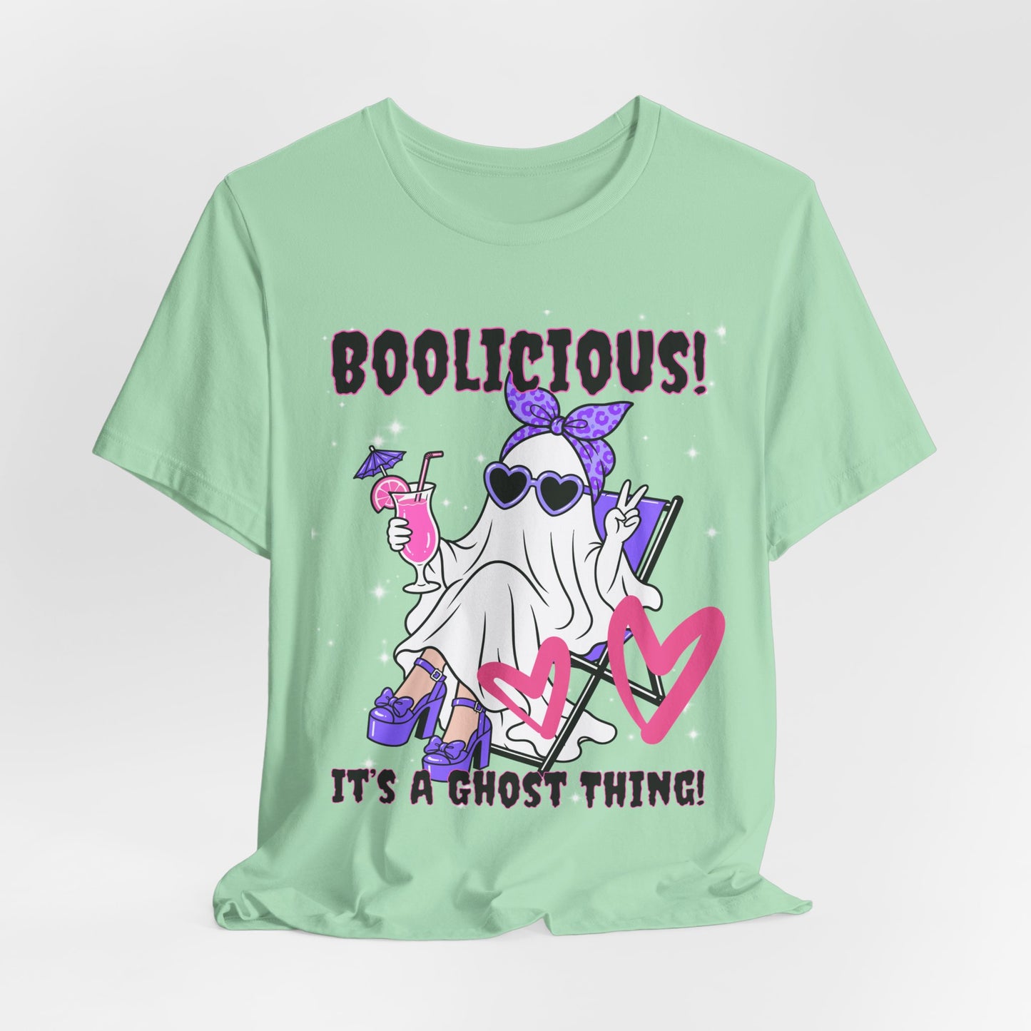 Sunflower Porch Co Boolisious Ghost Tee | Cute Glam Ghost with Hearts Halloween Shirt