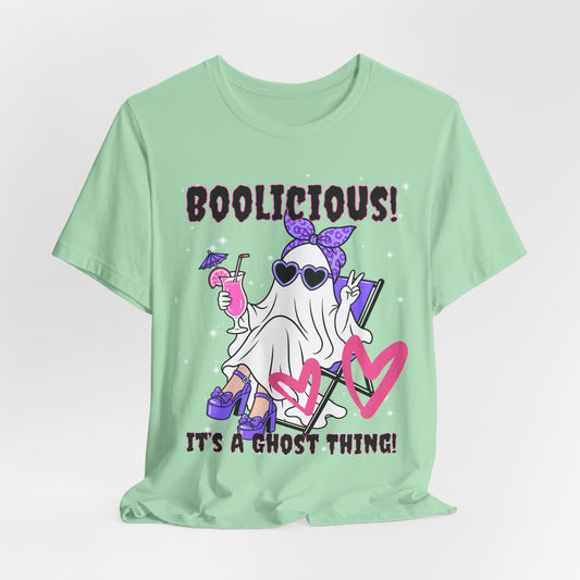 Sunflower Porch Co Boolisious Ghost Tee | Cute Glam Ghost with Hearts Halloween Shirt