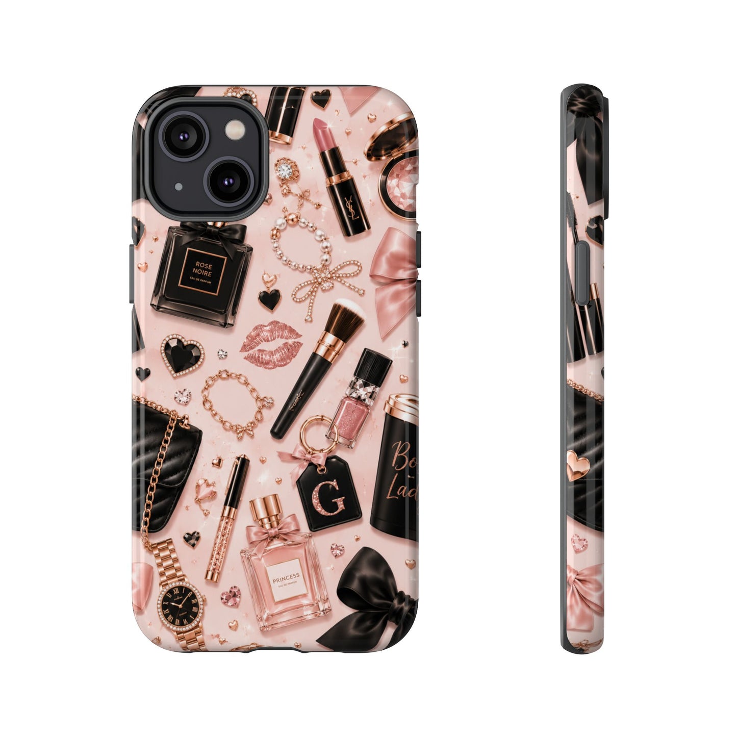 Sunflower Porch Co Glam Makeup Pattern Phone Case | Rose Gold Cosmetics, Perfume, Lipstick