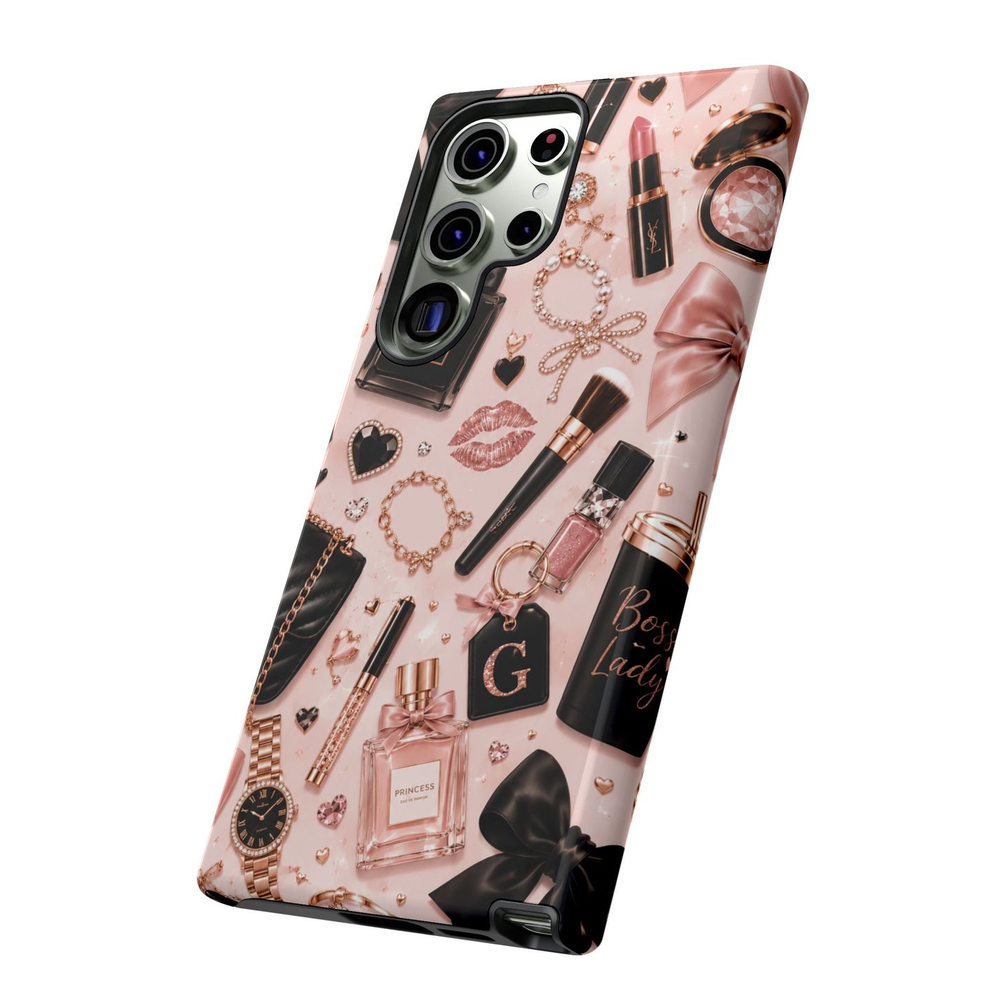 Sunflower Porch Co Glam Makeup Pattern Phone Case | Rose Gold Cosmetics, Perfume, Lipstick