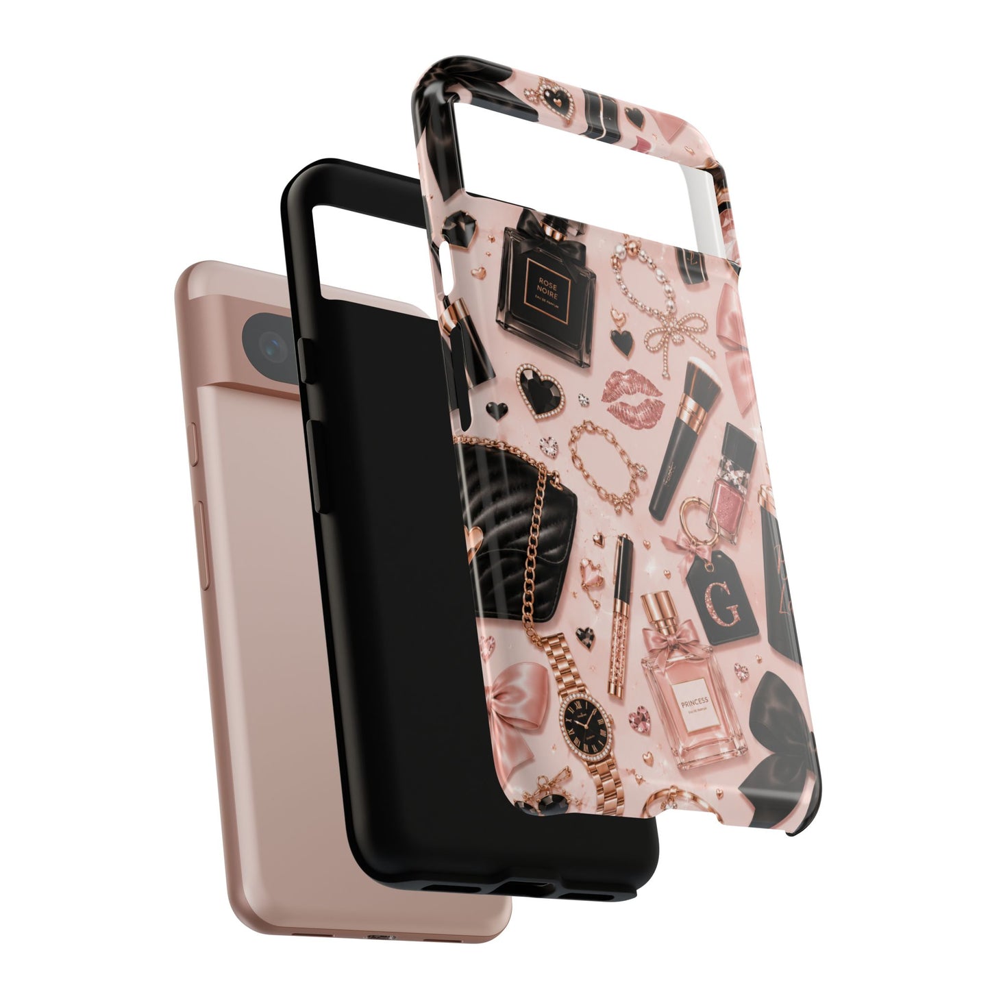 Sunflower Porch Co Glam Makeup Pattern Phone Case | Rose Gold Cosmetics, Perfume, Lipstick