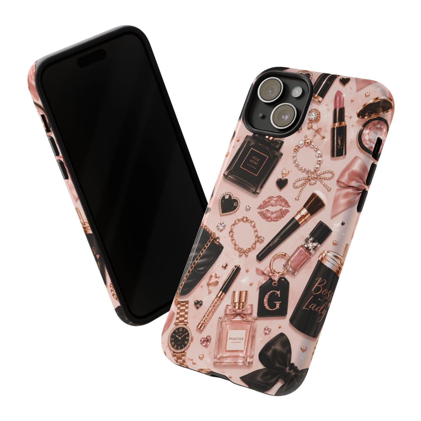 Sunflower Porch Co Glam Makeup Pattern Phone Case | Rose Gold Cosmetics, Perfume, Lipstick