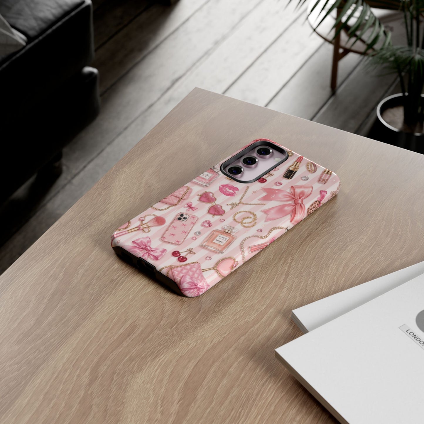 Pink Glam Pattern phone case | Makeup, bows, perfume, lipstick design