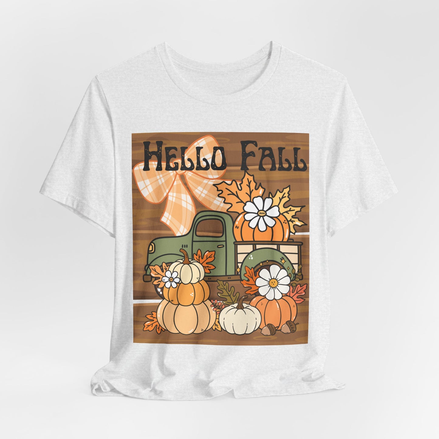 SunflowerPorchCo Hello Fall Pumpkin Truck Tee | Autumn Pumpkins, Plaid Bow, Rustic Wood