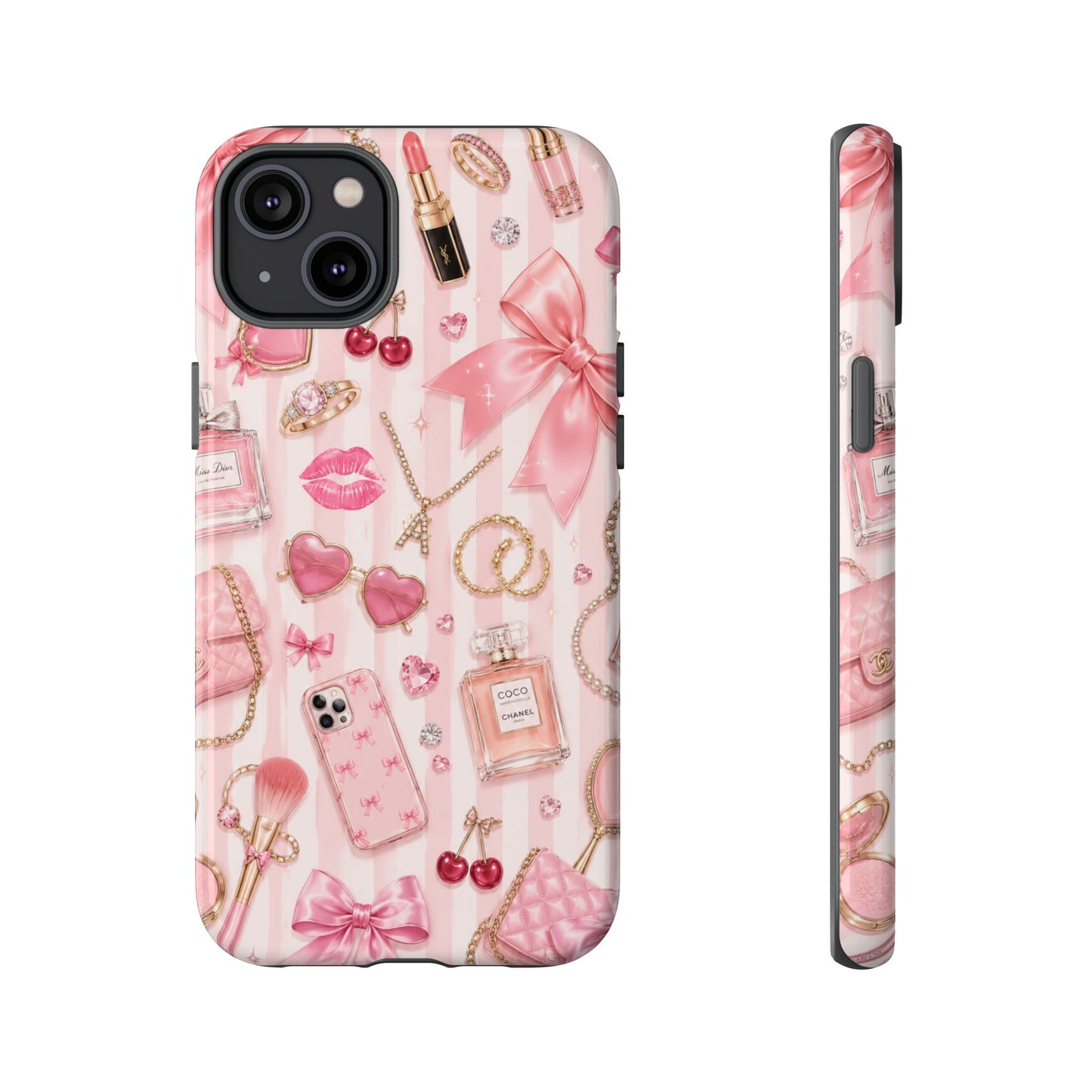 Pink Glam Pattern phone case | Makeup, bows, perfume, lipstick design