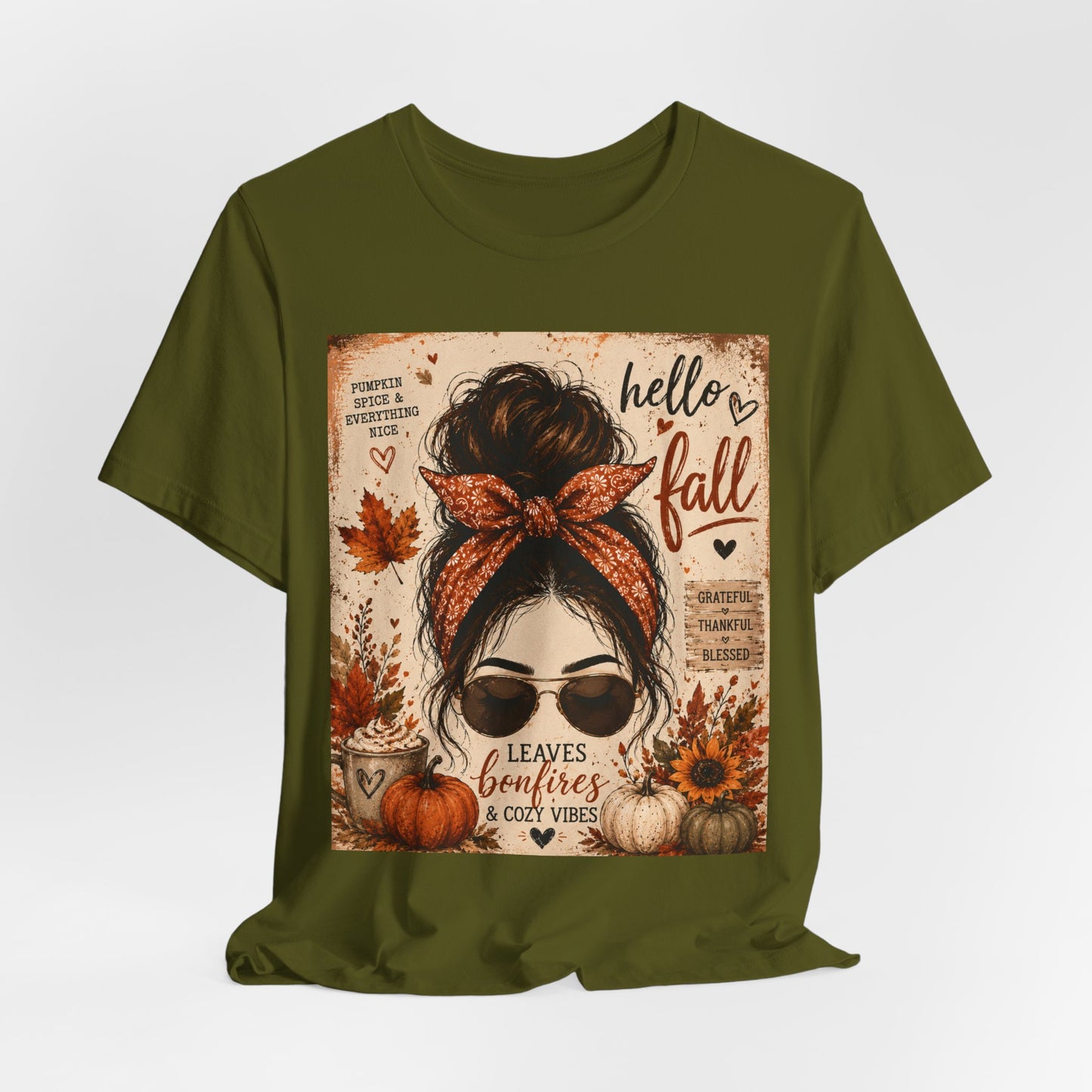 Sunflower Porch Co Hello Fall messy bun graphic Tee | Pumpkin leaves sunflower autumn design