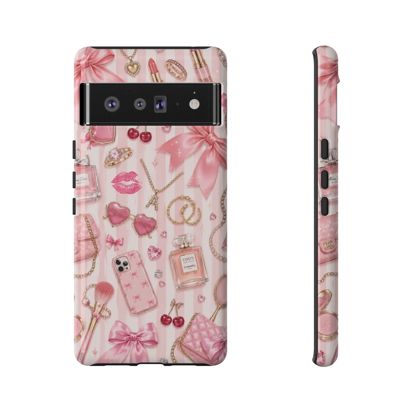 Pink Glam Pattern phone case | Makeup, bows, perfume, lipstick design