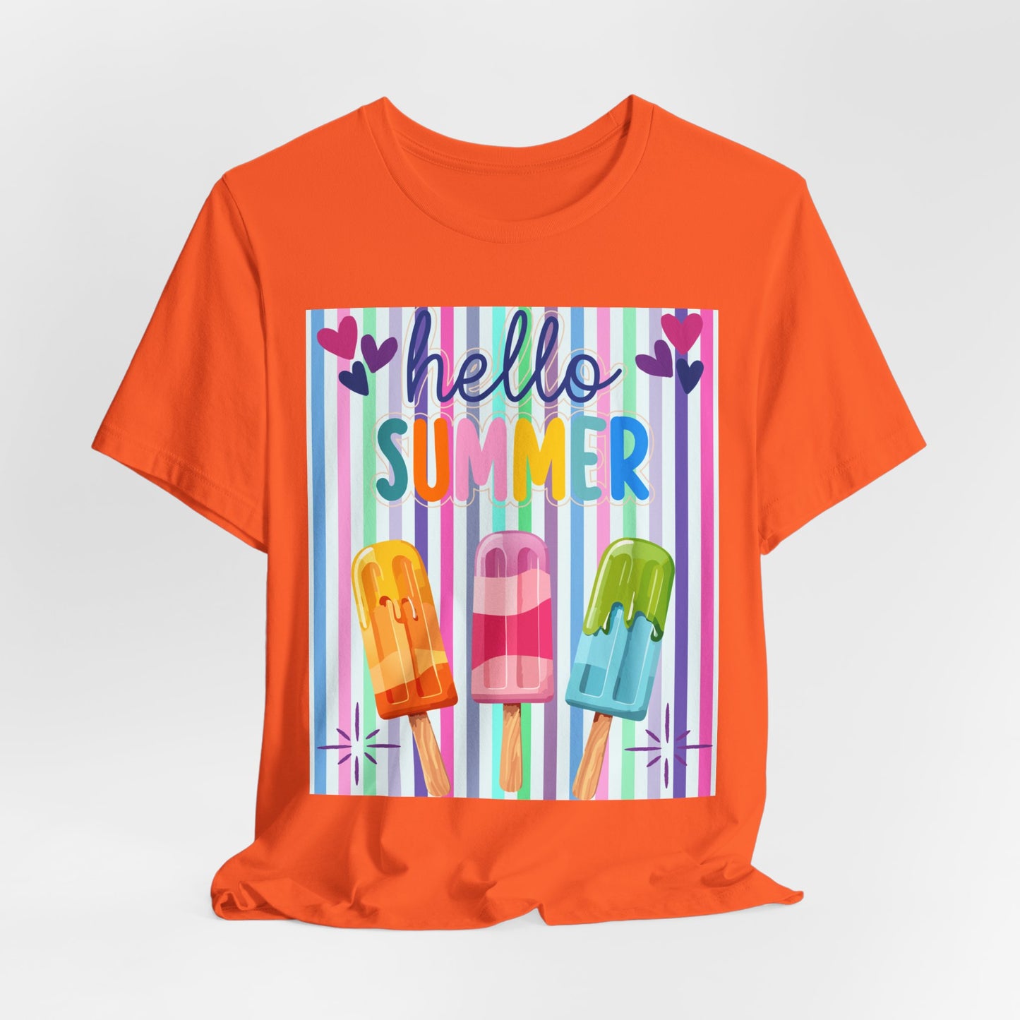 Sunflower Porch Co Hello Summer Popsicles T-Shirt | Colorful Stripes, Cute Ice Cream Design