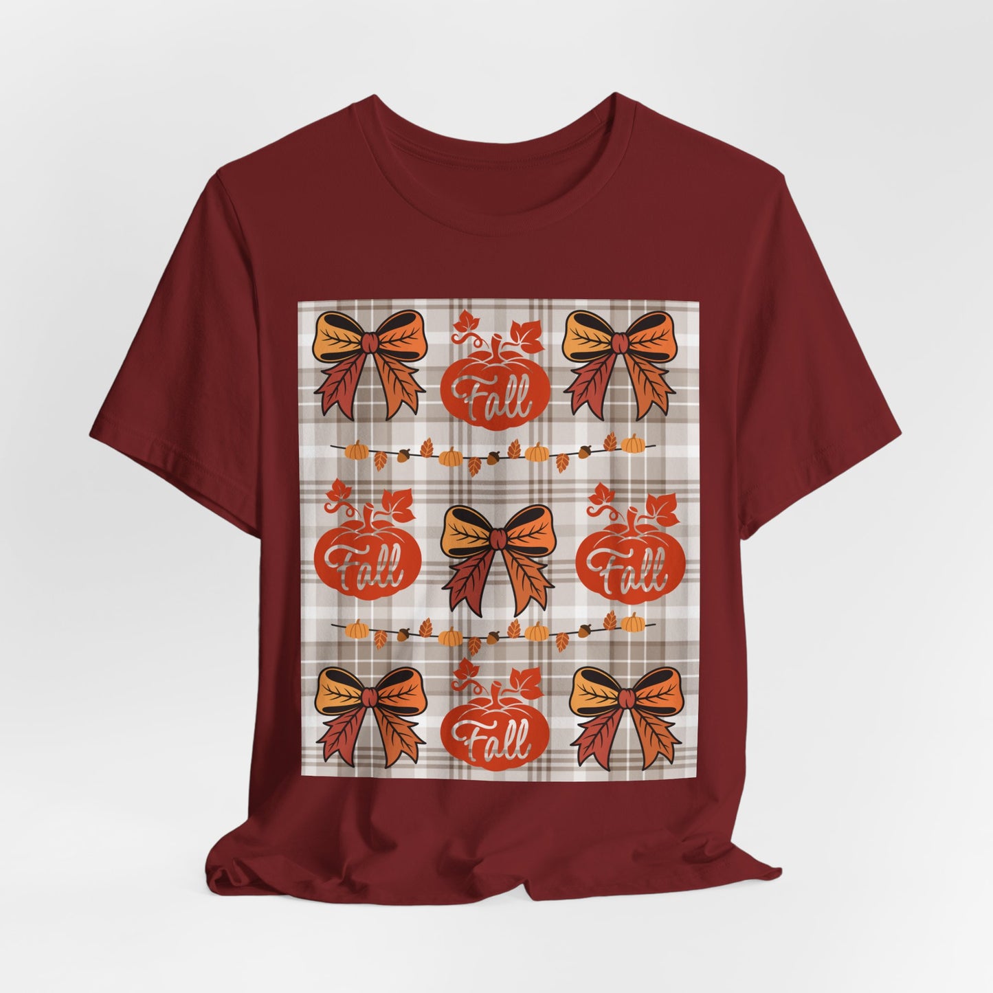 SunflowerPorchCo Fall Pumpkin Plaid Pattern Tee | Autumn Bow Graphic T-Shirt