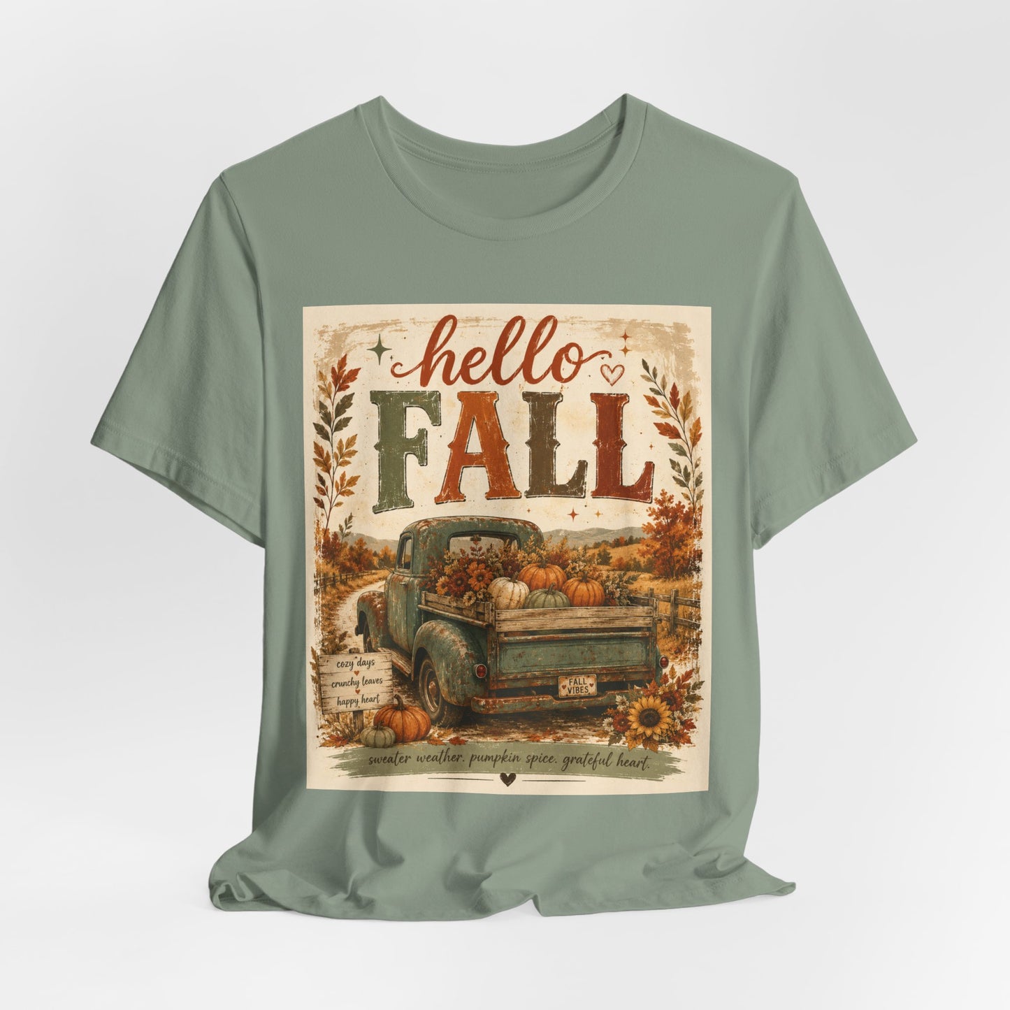 Sunflower Porch Co Hello Fall Vintage Truck T-Shirt | Pumpkin Harvest Autumn Tee
