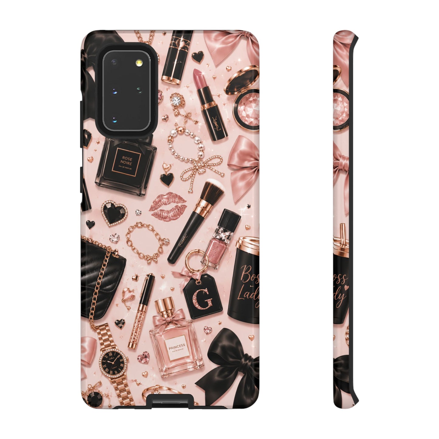 Sunflower Porch Co Glam Makeup Pattern Phone Case | Rose Gold Cosmetics, Perfume, Lipstick