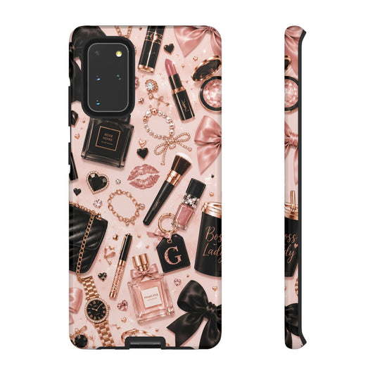 Sunflower Porch Co Glam Makeup Pattern Phone Case | Rose Gold Cosmetics, Perfume, Lipstick