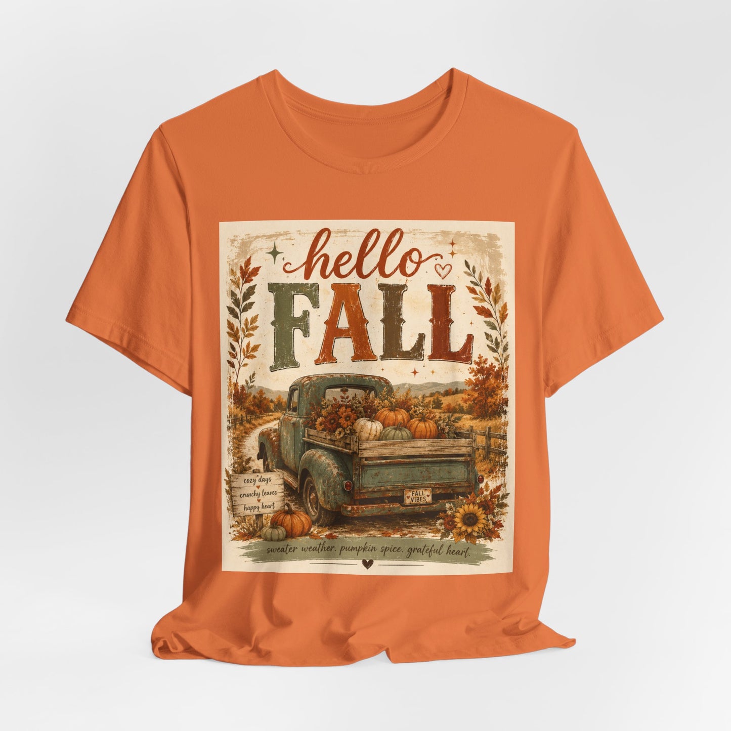 Sunflower Porch Co Hello Fall Vintage Truck T-Shirt | Pumpkin Harvest Autumn Tee