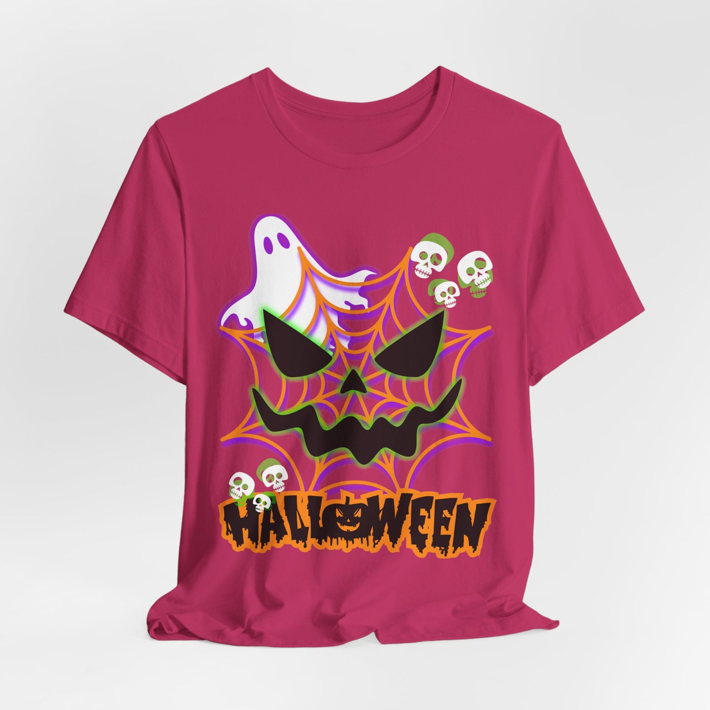 Ghost and Spiderweb Halloween T-Shirt | Skull Accents, Neon Colors