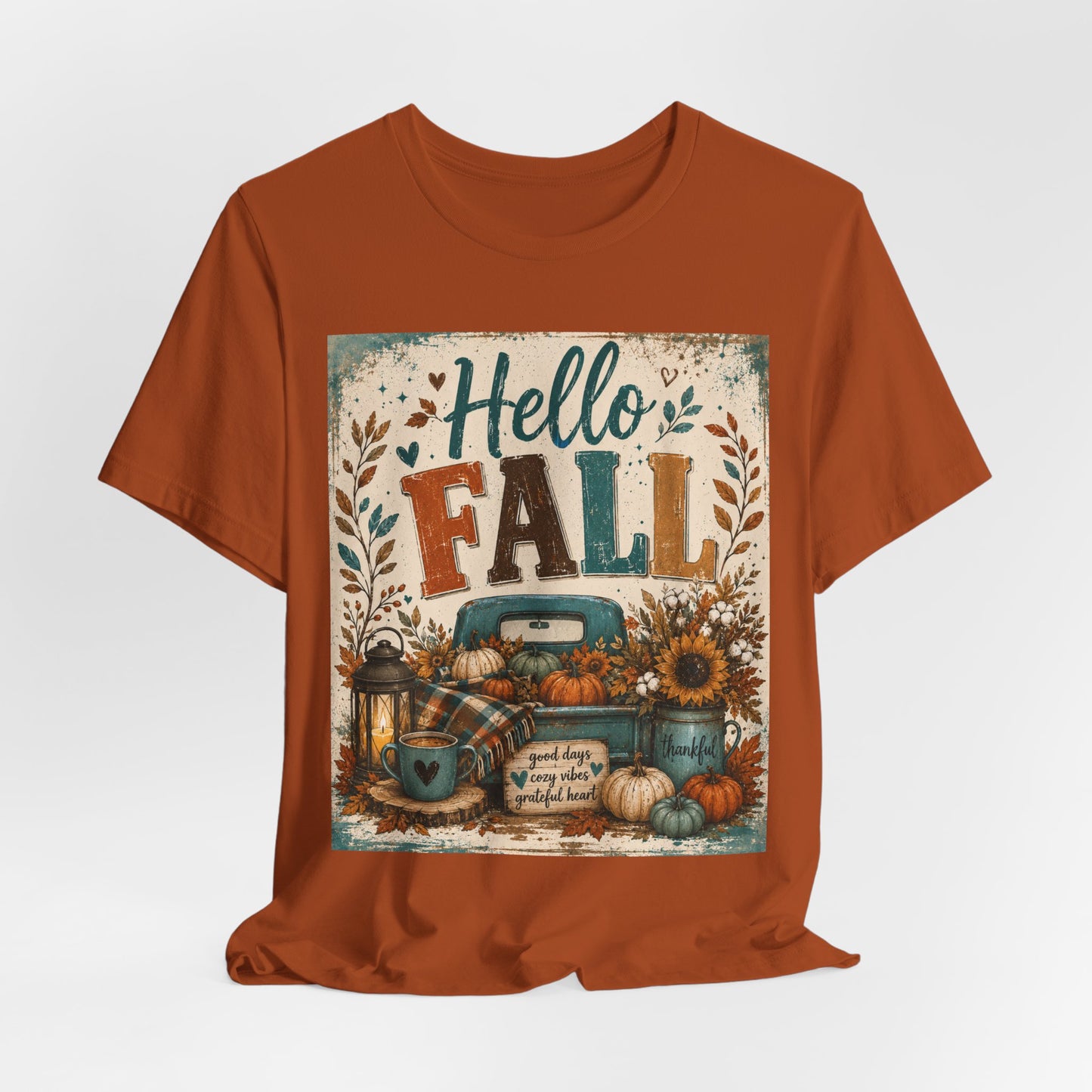 Sunflower Porch Co Hello Fall Truck Tee | Pumpkin, Sunflower, Rustic Autumn Design