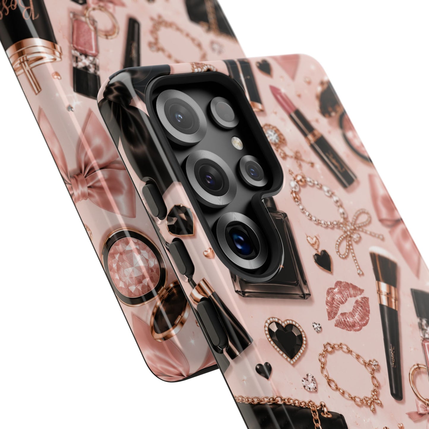 Sunflower Porch Co Glam Makeup Pattern Phone Case | Rose Gold Cosmetics, Perfume, Lipstick