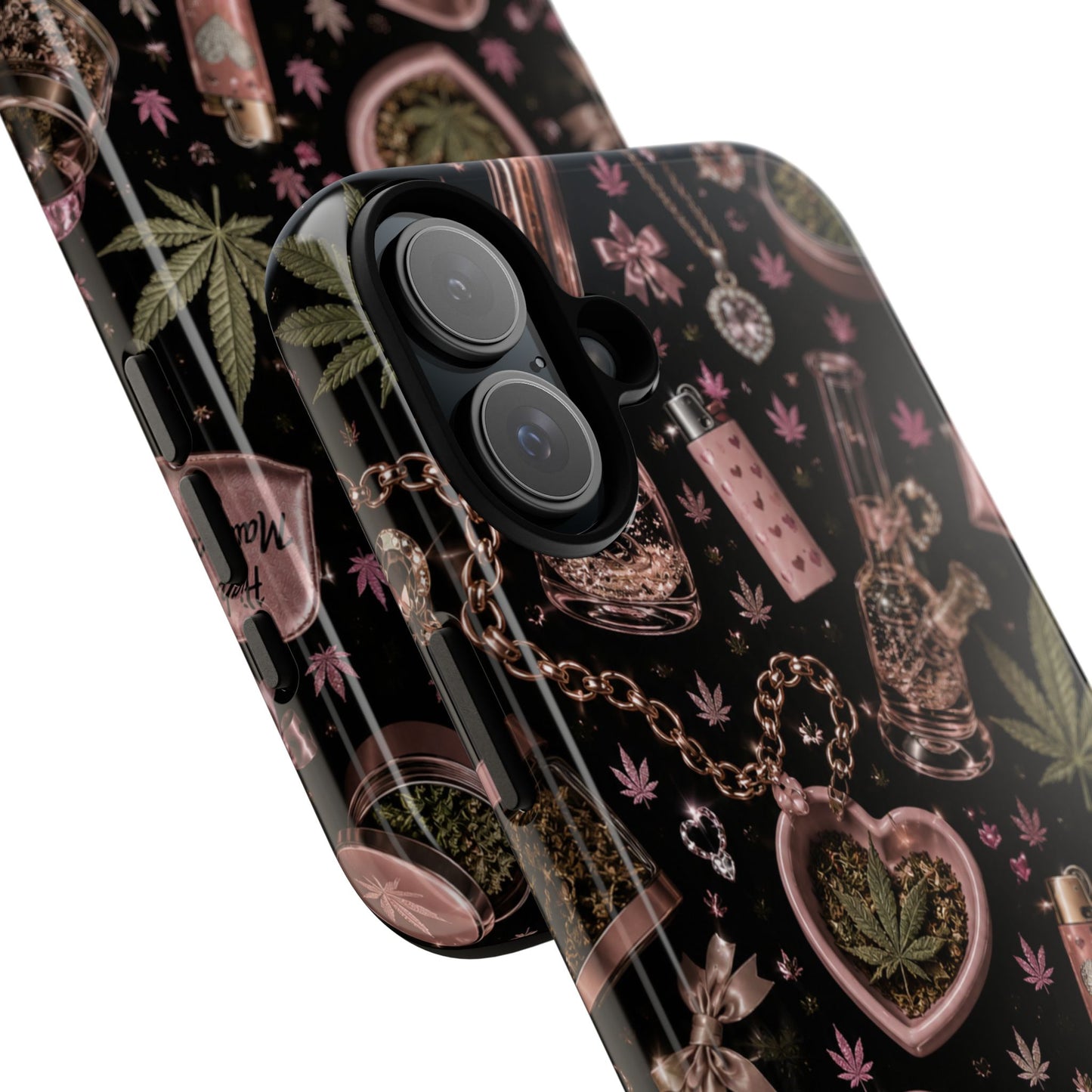 Sunflower Porch Co Pink Cannabis Pattern Tough Case | Weed Leaf Phone Case, Grinder & Lighter Design
