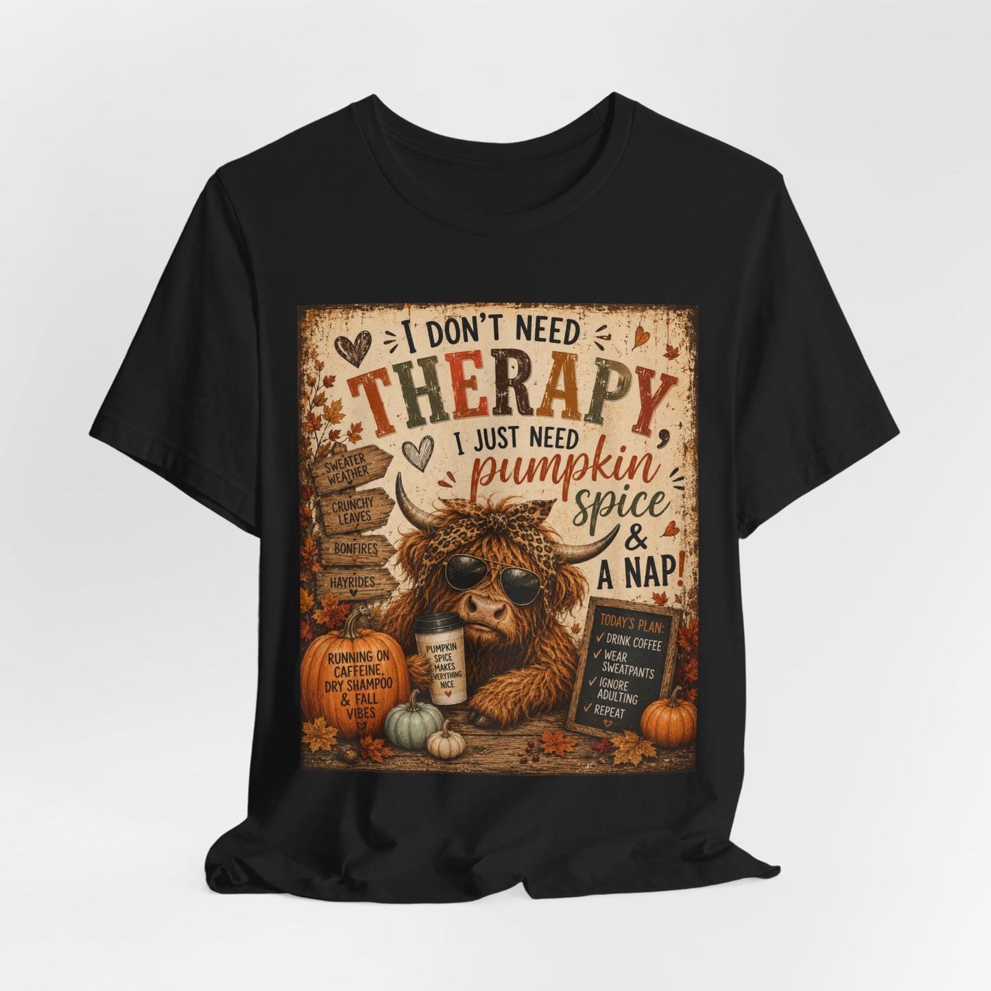 Sunflower Porch Co Pumpkin Spice & A Nap Highland Cow Tee | Fall Autumn Cozy Shirt