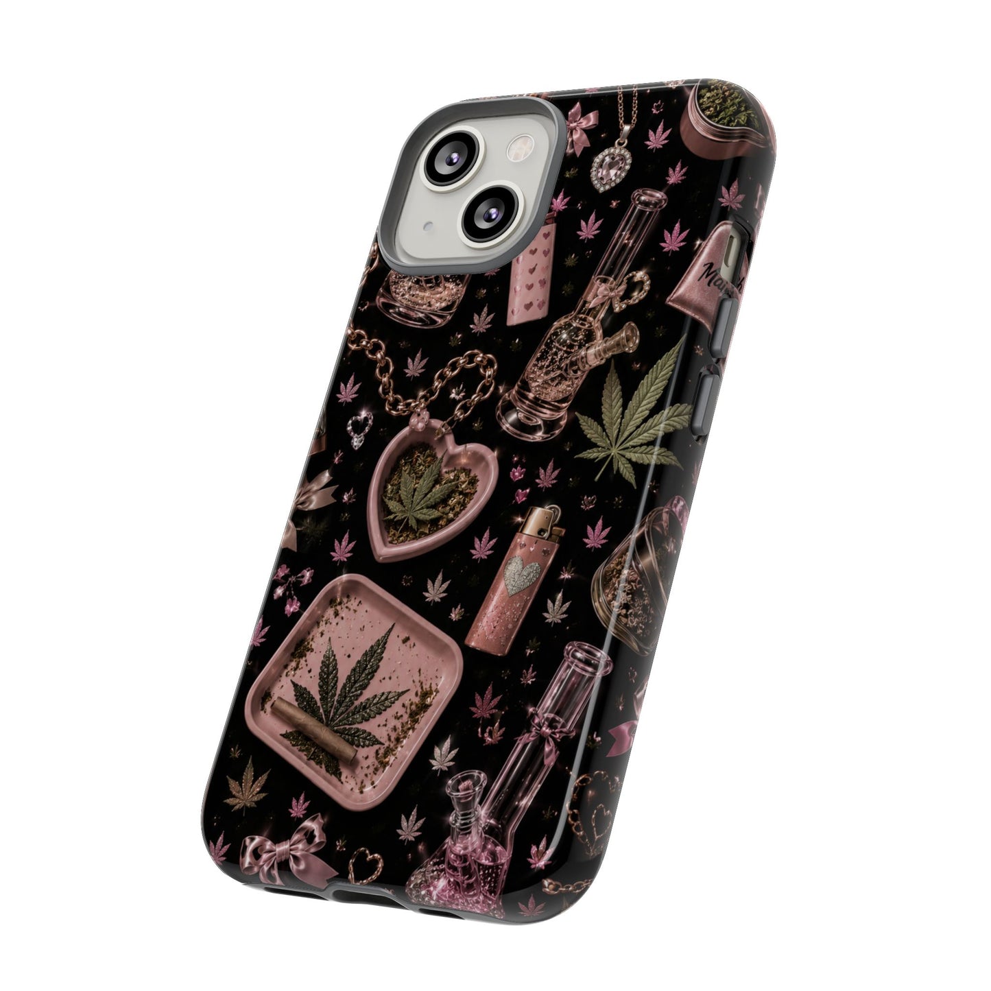 Sunflower Porch Co Pink Cannabis Pattern Tough Case | Weed Leaf Phone Case, Grinder & Lighter Design