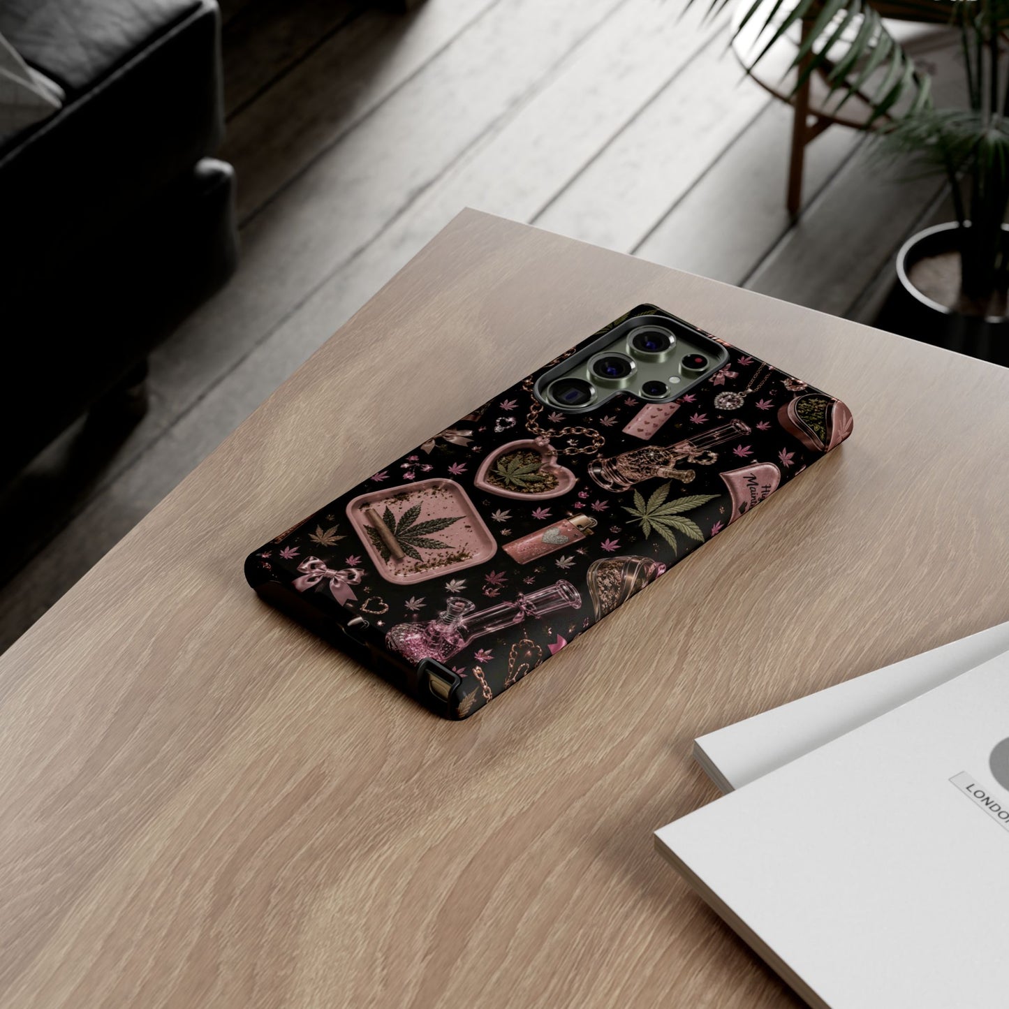 Sunflower Porch Co Pink Cannabis Pattern Tough Case | Weed Leaf Phone Case, Grinder & Lighter Design