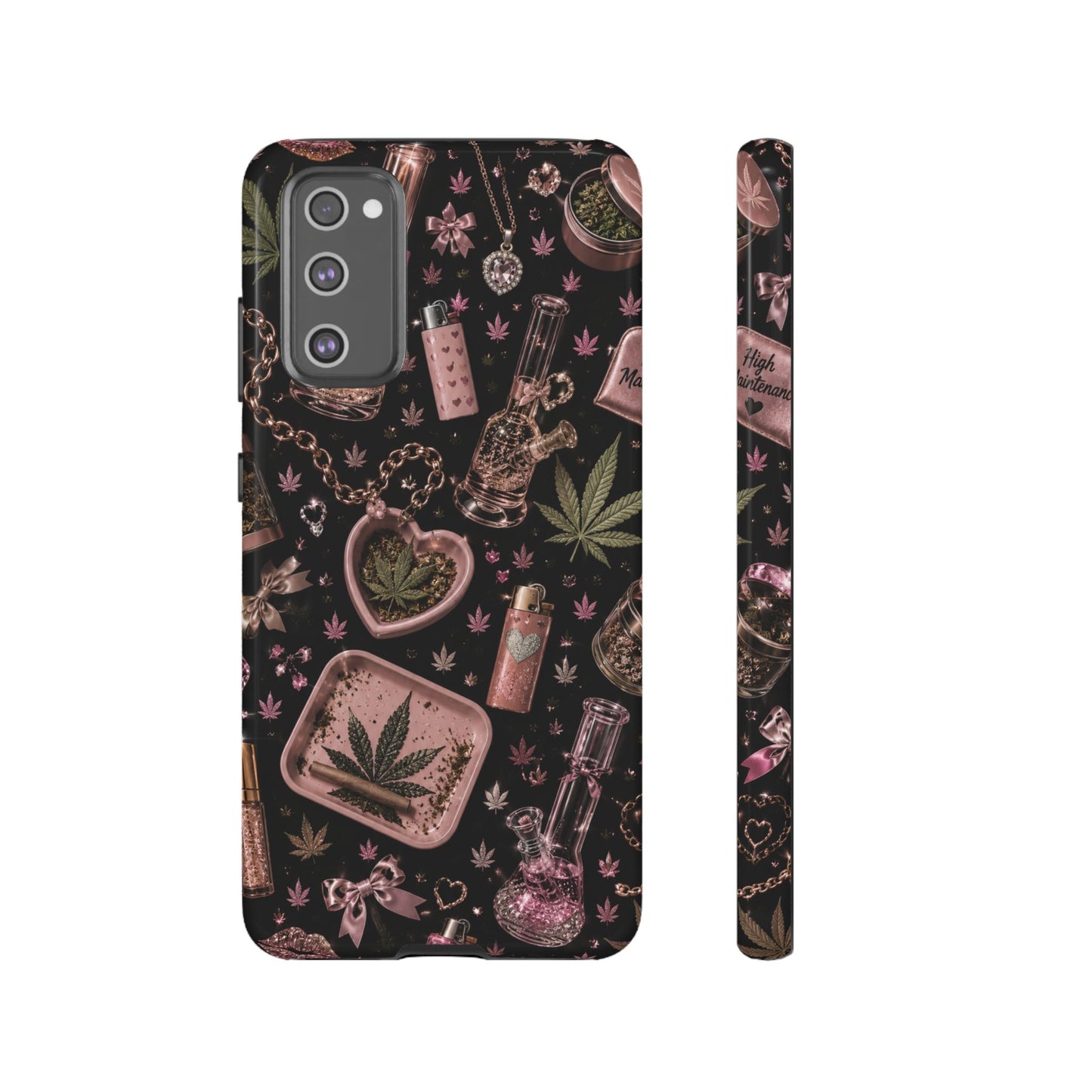 Sunflower Porch Co Pink Cannabis Pattern Tough Case | Weed Leaf Phone Case, Grinder & Lighter Design