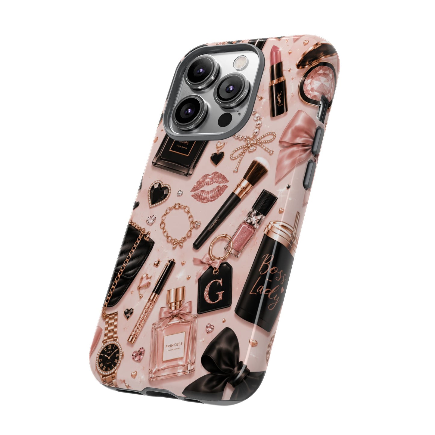 Sunflower Porch Co Glam Makeup Pattern Phone Case | Rose Gold Cosmetics, Perfume, Lipstick