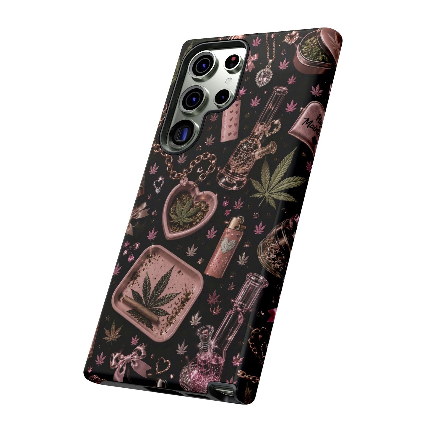 Sunflower Porch Co Pink Cannabis Pattern Tough Case | Weed Leaf Phone Case, Grinder & Lighter Design