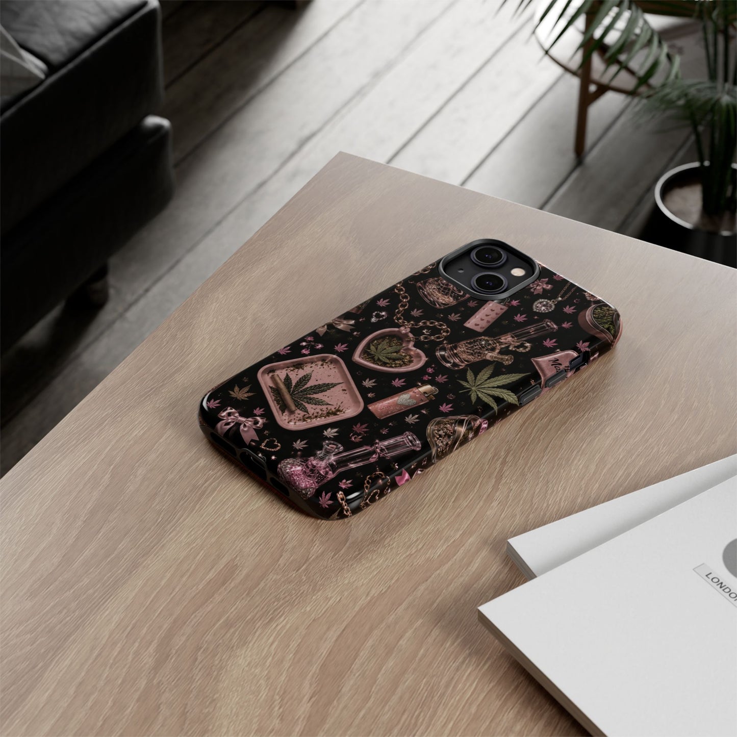 Sunflower Porch Co Pink Cannabis Pattern Tough Case | Weed Leaf Phone Case, Grinder & Lighter Design