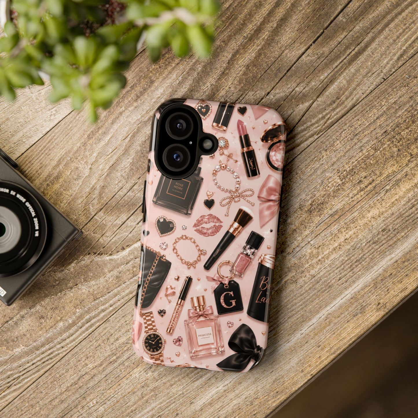 Sunflower Porch Co Glam Makeup Pattern Phone Case | Rose Gold Cosmetics, Perfume, Lipstick