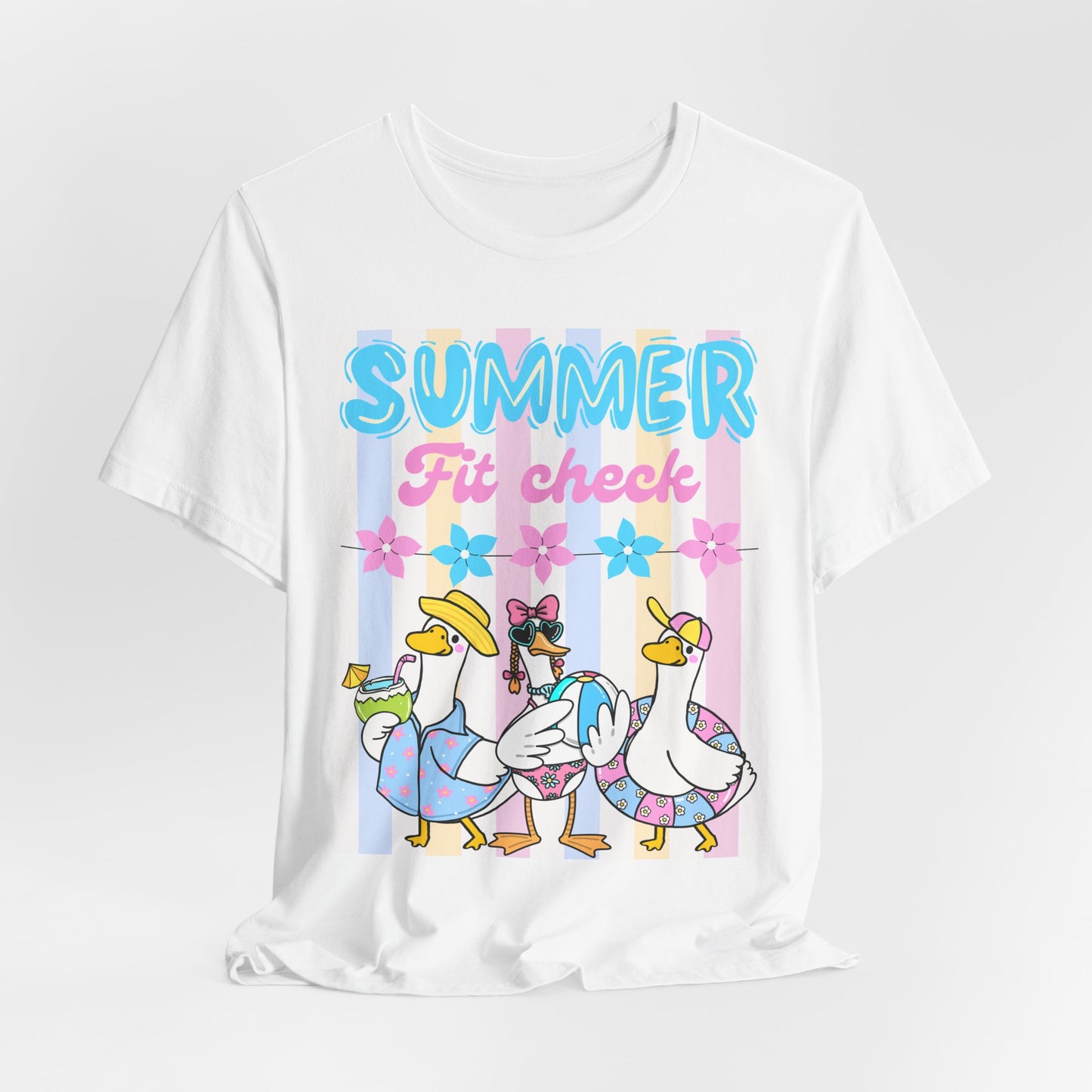 SunflowerPorchCo Summer Fit Check Tee | Cartoon Ducks in Sunglasses, Pastel Beach Vibes