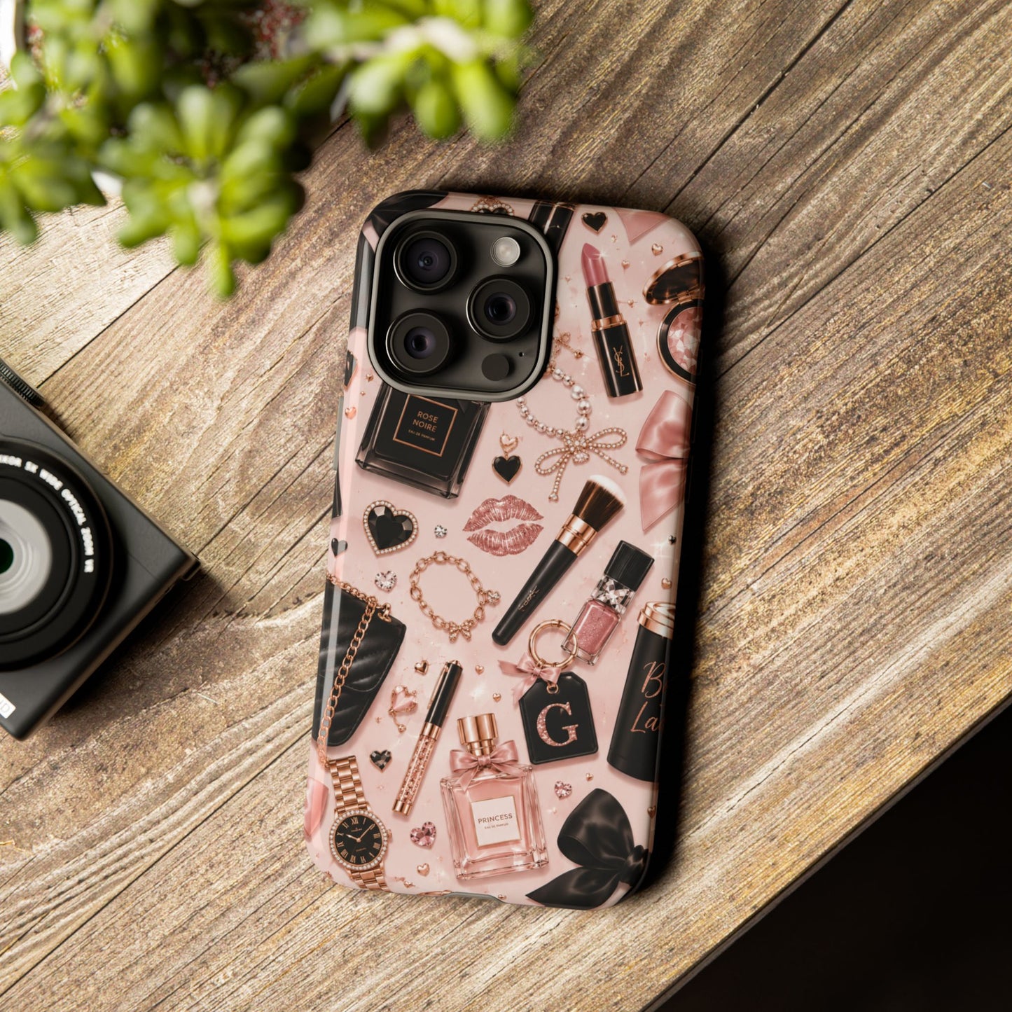 Sunflower Porch Co Glam Makeup Pattern Phone Case | Rose Gold Cosmetics, Perfume, Lipstick