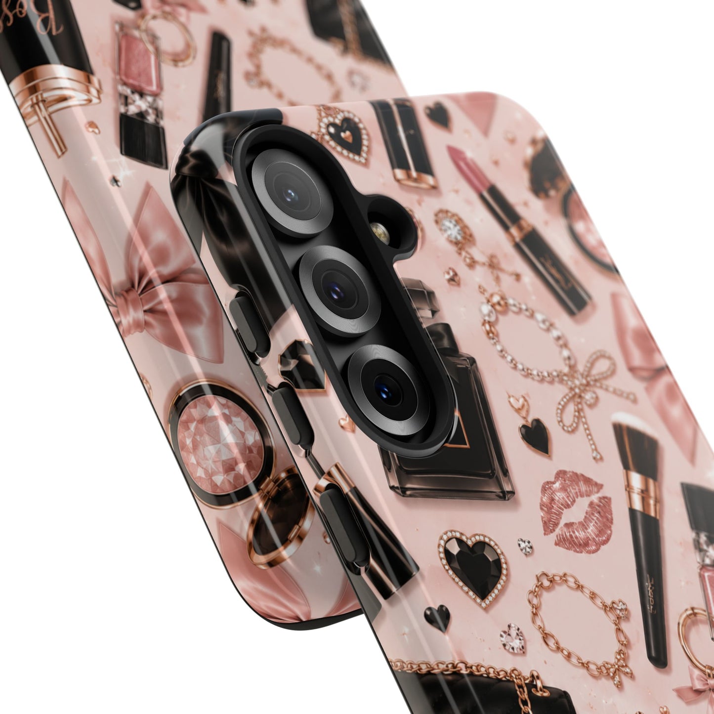 Sunflower Porch Co Glam Makeup Pattern Phone Case | Rose Gold Cosmetics, Perfume, Lipstick
